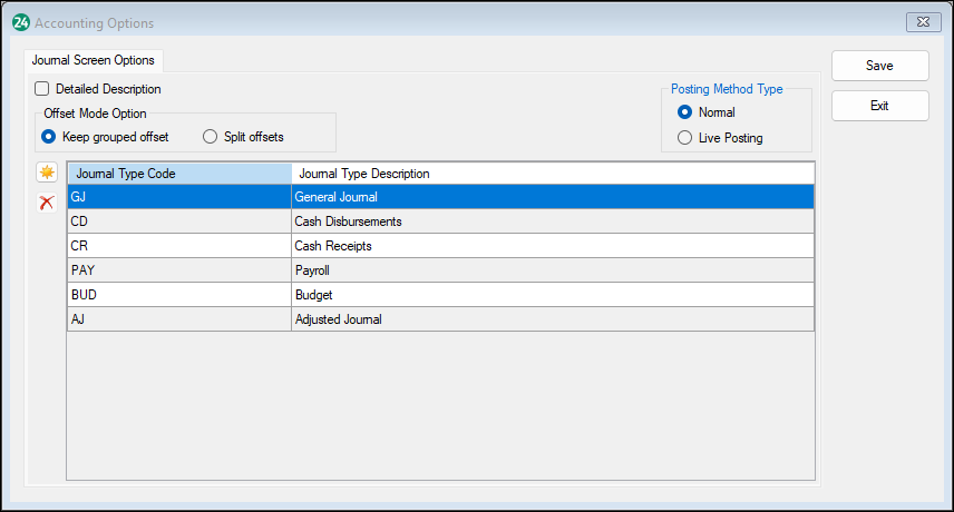 Accounting Options screen